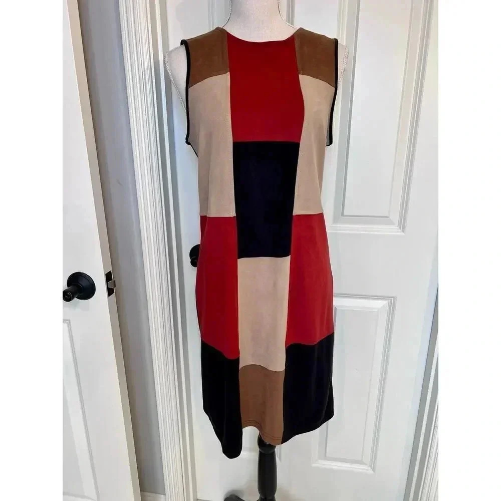 Spense sleavless faux suede brown color block dress‎ size 8